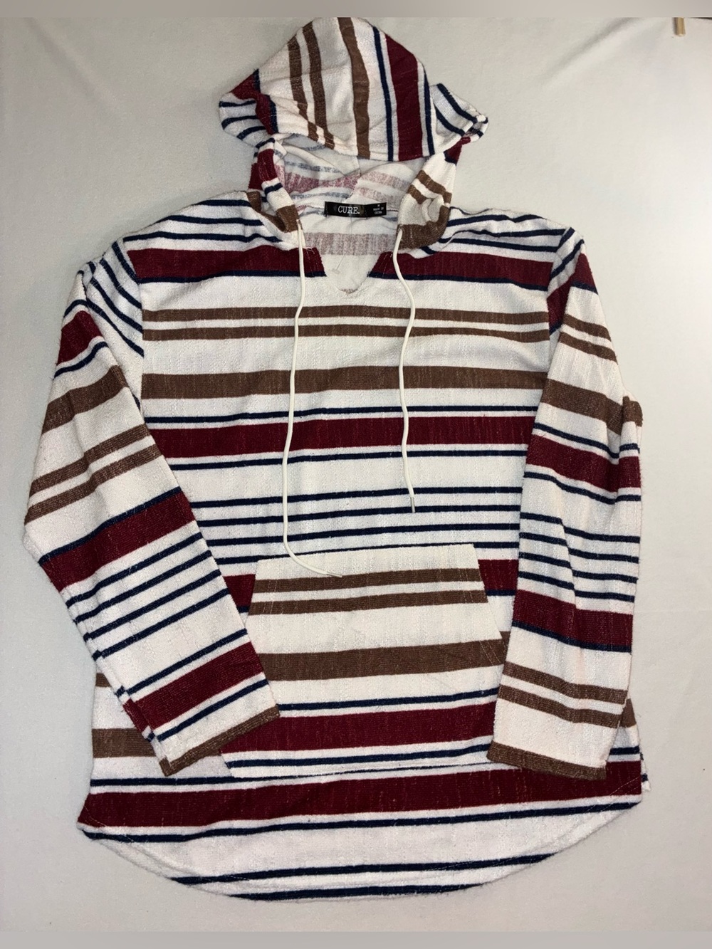 Striped Hooded Pullover Poncho - White, Red & Brown
